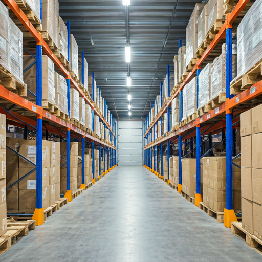 Warehouse aisle with stacked boxes